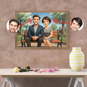 Cartoon couple illustration, Custom Cartoon Couple Portrait on Park Bench–Personalized AI Drawing from Photo – Cute Digital Gift for Couples