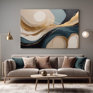 Modern Abstract Digital Art Print | Gold & Teal Wall Art | Minimalist Landscape | Printable Art for Living Room Decor