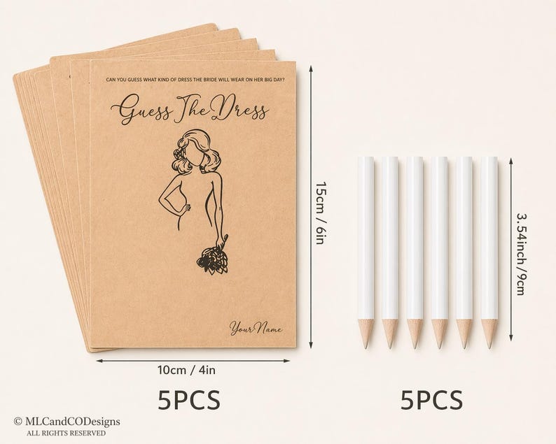 May include: A set of five "Guess the Dress" cards, each 10cm x 15cm, featuring a bride illustration, and five white pencils, each 9cm long. The cards are brown with black text and a bride illustration. The pencils are white with gray tips.