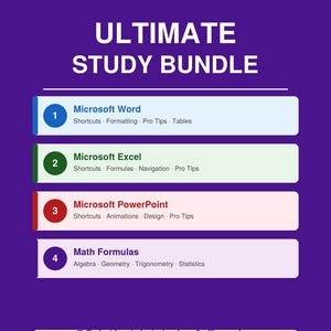 Puede incluir: Un recurso de estudio digital titulado Ultimate Study Bundle de TheStudyHive. Enumera cuatro secciones: Microsoft Word, Microsoft Excel, Microsoft PowerPoint y Math Formulas, cada una con subtemas como atajos, formato, fórmulas y geometría.