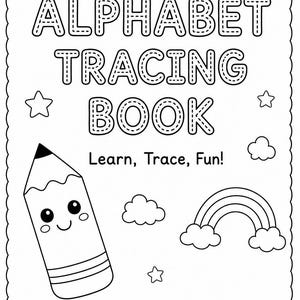May include: Black and white alphabet tracing book cover with the title "My ALPHABET TRACING BOOK". Includes a smiling pencil, rainbow, clouds, and stars. Text reads "Learn, Trace, Fun!" and "This book belongs to a little star!"