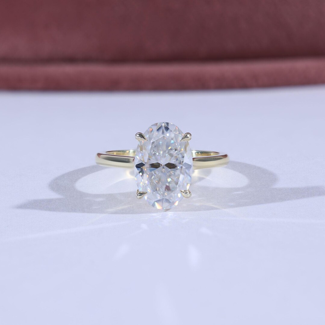 Solid Gold Oval Cut Hidden Halo Moissanite Ring, Solitaire High Set ...