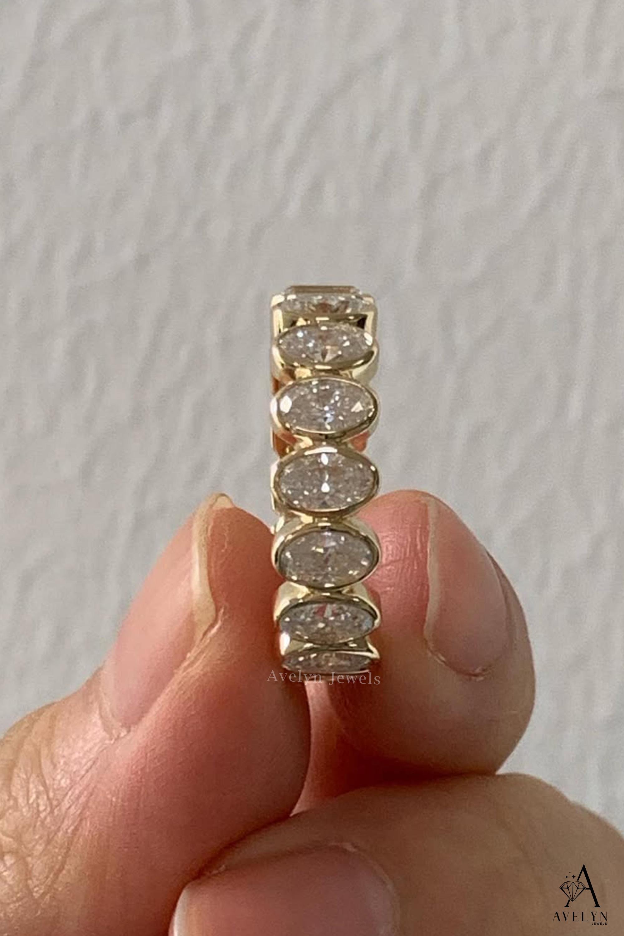 Emerald and Oval Cut Moissanite Wedding Band Bezel Set Full Eternity ...