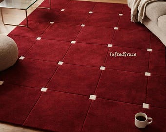 Hand Tufted Wool Rug | Deep Burgundy Modern Panel Design