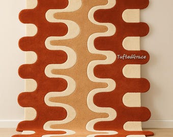 Tapis en laine touffeté main : motif vague orange rétro Mid-Century