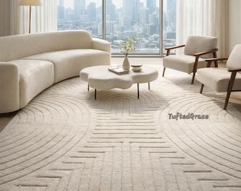 Hand-Tufted Wool Rug | Ivory Geometric Plush Area Rug