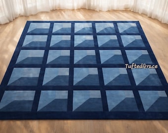 Alfombra de diseño geométrica moderna azul / Alfombra de lujo hecha a mano para sala de estar y dormitorio