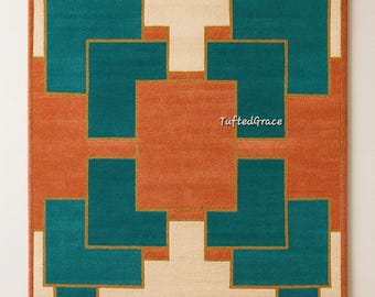 Hand-Tufted New Zealand Wool Rug | Geometric Teal & Rust Carpet