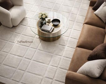 Hand-Tufted Wool Rug – Modern Ivory Grid, Minimalist Design