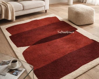 Hand Tufted Wool Rug – Abstract Deep Red Modern Carpet