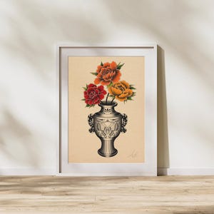 PRINTABLE Vintage Dark Vase And Flowers Tattoo Flash | Neo Traditional Gothic Moth Floral Art Print | Wall Art Decor Digital Download