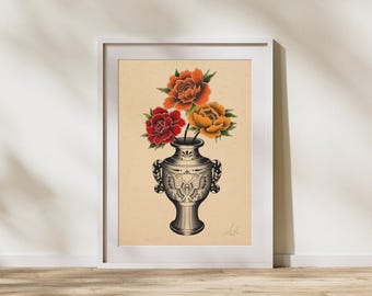 Vintage Tattoo Flash Art Print | Gothic Moth, Floral Vase (Digital Download)