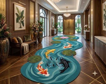Hand Tufted Koi Fish Rug Luxury Wool River Runner Carpet Statement Hallway Home Decor Artwork