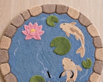 Hand Tufted Koi Fish Pond Rug Round Wool Area Carpet Nursery Decor Accent