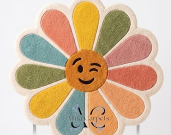 Hand Tufted Daisy Rug, Colorful Smiley Flower Rug, Kids Room Nursery Decor Wool Carpet