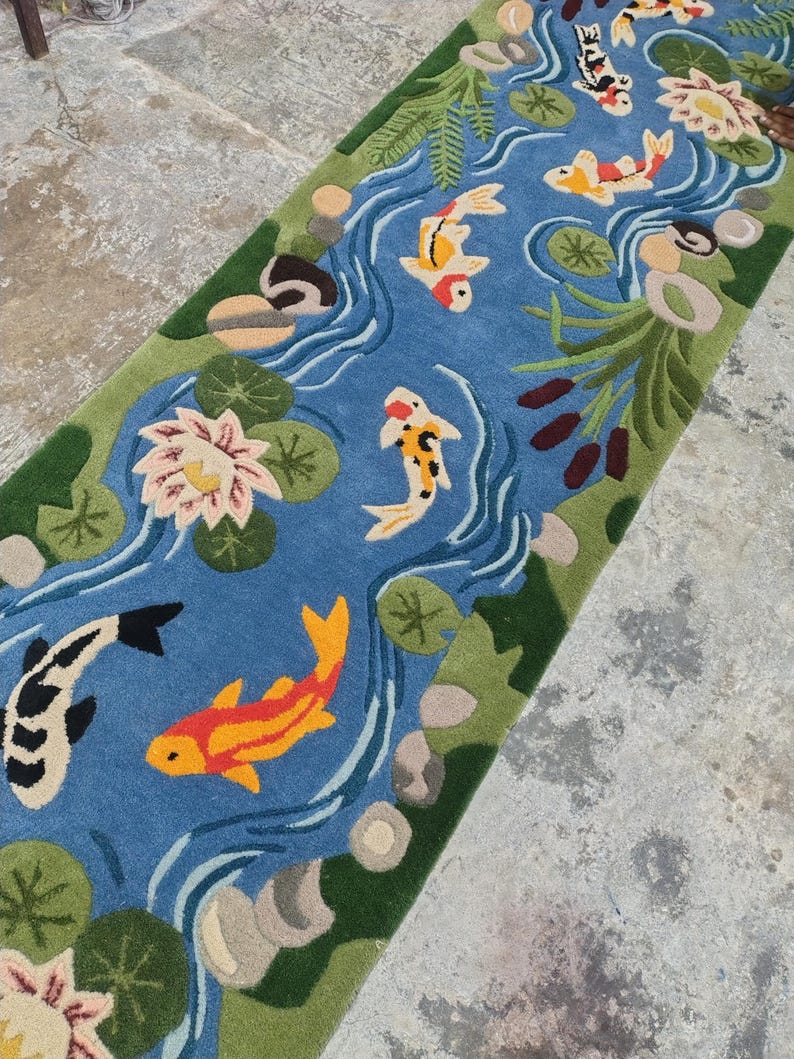 Aquatic Rug Hand Tufted Koi Pond Wool Runner Rug Nature Hallway Decor Water Garden ...