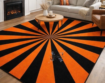 Black Orange Sunburst Rug Halloween Hand Tufted Wool Area Rug Modern Geometric Living Room Decor