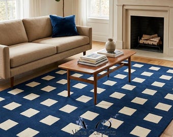 Hand Tufted Wool Area Rug: Modern Blue Checkered Geometric Carpet