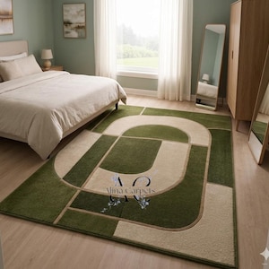 Hand Tufted Green Beige Wool Rug Modern Geometric Area Rug Luxury Decor
