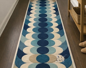 Blue Geometric Runner Rug Hand Tufted Wool Hallway Rug Modern Entryway Carpet Custom Size