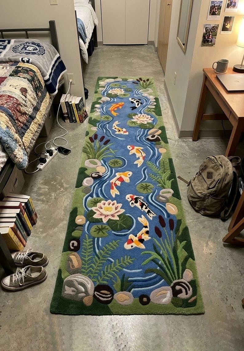 Aquatic Rug Hand Tufted Koi Pond Wool Runner Rug Nature Hallway Decor Water Garden ...