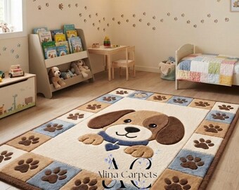 Handmade Hand Tufted Wool Kids Puppy Area Rug Nursery Playroom Bedroom Decor Gift Carpet