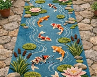 Hand Tufted Koi Fish Rug Blue Pond Water Lily Wool Area Rug Decor