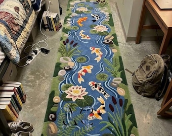 Hand Tufted Koi Fish Runner Rug Pond Lily Hallway Wool Carpet Nature Decor