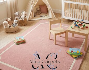 Pink Nursery Rug for Girls Hand Tufted Wool Area Rug Kids Bedroom Playroom Decor