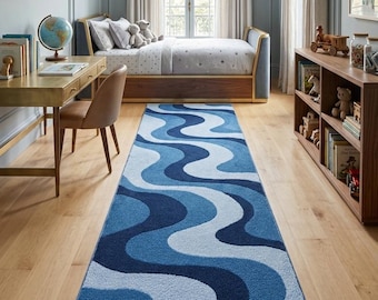 Blue Wave Runner Rug Handmade Hand Tufted Wool Modern Hallway Carpet Home Decor Luxury