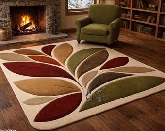 Botanical Hand Tufted Wool Area Rug Modern Leaf Design Living Room Decor
