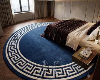 Round Navy Blue Hand Tufted Wool Rug Greek Key Border Luxury Area Carpet Handmade Decor