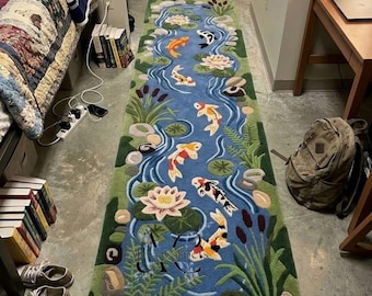 Hand Tufted Koi Pond Wool Runner Rug Nature Hallway Decor Water Garden Japanese Style