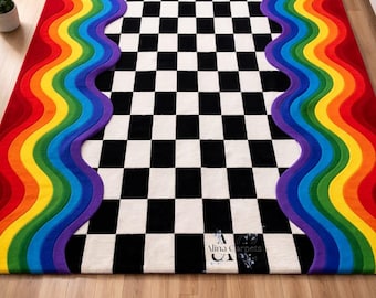 Hand Tufted Rainbow Checkered Rug Colorful Wool Area Rug Modern Bedroom Living Room Decor