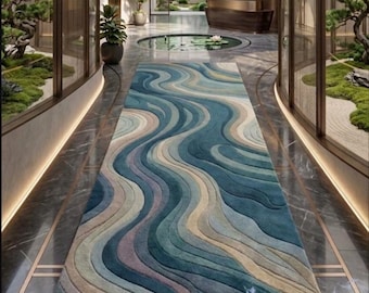 Modern Abstract Blue Wool Runner Rug Handmade Hand Tufted Luxury Hallway Carpet Decor