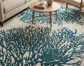 8x10 Hand Tufted Wool Area Rug Modern Abstract Teal Beige Living Room Carpet