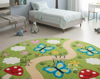 Hand Tufted Kids Wool Rug Round Butterfly Playroom Nursery Decor Area Carpet