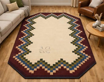 Hand Tufted Geometric Wool Rug Large Area Rug Custom Modern Southwestern Home Decor