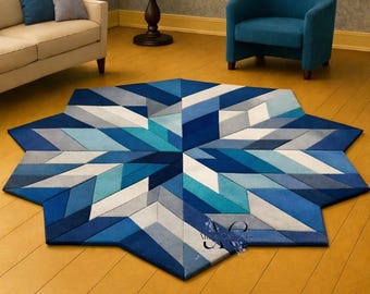 Modern Geometric Blue Hand Tufted Wool Area Rug Irregular Star Shape Living Room Statement Decor