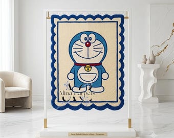 Hand Tufted Doraemon Rug Handmade Wool Cartoon Area Rug Kids Bedroom Nursery Playroom Decor Gift