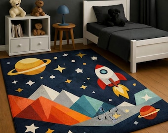 Hand Tufted Space Kids Rug Rocket Planet Wool Nursery Playroom Area Carpet Handmade Decor