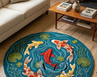 Round Koi Fish Rug Handmade Wool Hand Tufted Area Rug Luxury Pond Decor