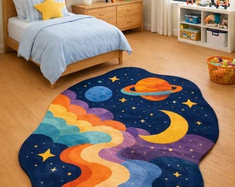 Kids Space Theme Hand Tufted Wool Rug Irregular Nursery Playroom Decor Handmade Luxury Carpet Modern