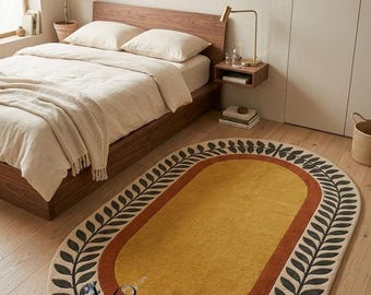 Hand Tufted Wool Oval Rug Modern Botanical Leaf Border Mustard Neutral Bedroom Decor