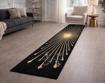 Black Gold Sunburst Hand Tufted Wool Runner Rug Modern Hallway Luxury Decor Handmade Carpet