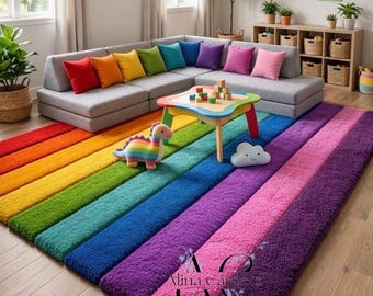 Rainbow Striped Kids Rug Handmade Wool Tufted Nursery Playroom Area Rug Colorful Decor