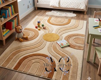 Hand Tufted Kids Rug Wool Sunshine Rainbow Nursery Playroom Area Rug Decor