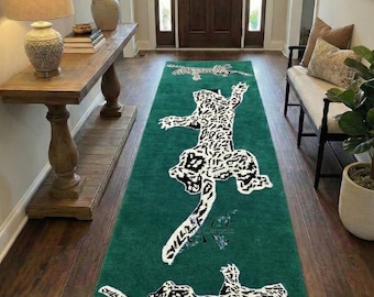 Hand Tufted Leopard Runner Rug Wool Hallway Carpet Luxury Safari Home Decor