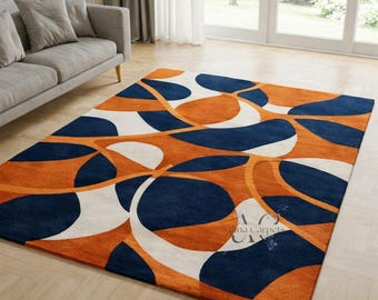 Hand Tufted Modern Abstract Rug Wool Area Carpet Orange Blue Living Room Decor Large