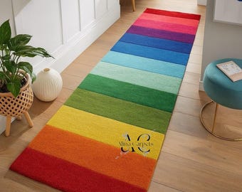 Hand Tufted Rainbow Runner Rug Colorful Hallway Carpet Modern Wool Area Rug Decor